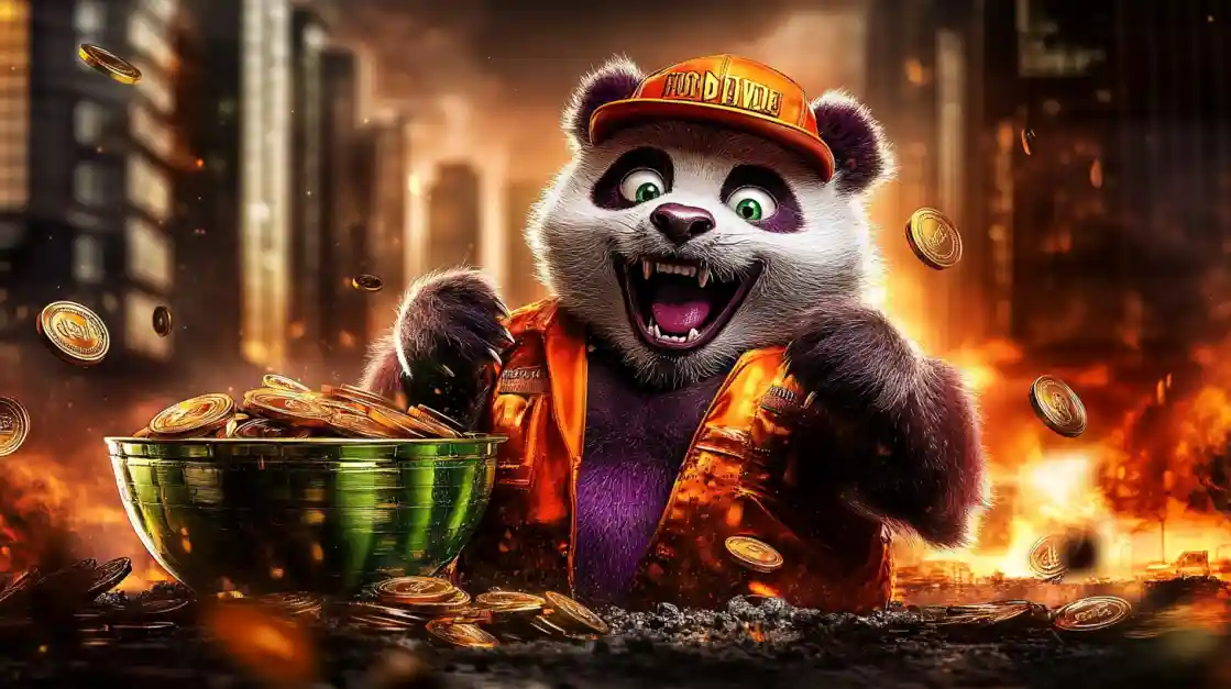 A cheerful panda character wearing an orange cap and jacket, surrounded by golden coins and a bowl of money, symbolizing wealth and good fortune with 1777bd.